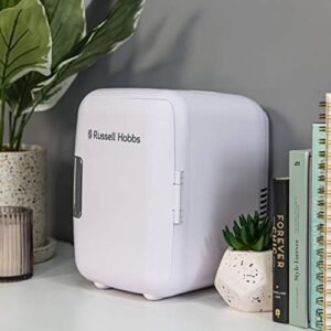 Russell Hobbs Mini Fridge RH4CLR1001 4L/6 Can Portable Mini Cooler & Warmer for Drinks, Cosmetics/Makeup/Skincare, AC/DC Power, Retro Style, White, For Bedroom, Home, Caravan, Car