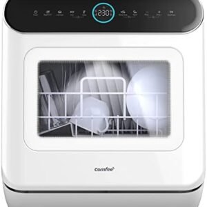 COMFEE' Mini Plus Dishwasher TD305-W Compact Table Top Dishwasher with 3 Place Settings, 7 Programmes, Touch Control, LED Display, Delay Start and Off-peak Wash Function - White