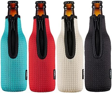 WK ieason Beer Bottle Sleeve Insulators 12oz 330ml Standard Beer Bottle Cooler Covers Zip-up Bottle Jacket 12OZ Beer Bottle Holder Non-Slip Thick Neoprene Sleeves 4Pcs Pack (Black/Red/Blue/Grey)