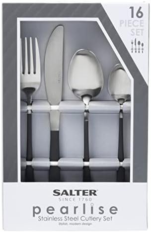 Salter BW09388 16 Piece Cutlery Set - Full Pearlies Black Silver Plated Stainless Steel Flatware