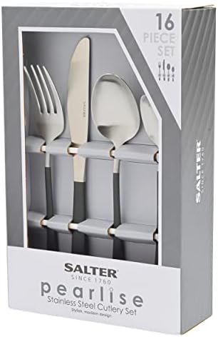 Salter BW09388 16 Piece Cutlery Set - Full Pearlies Black Silver Plated Stainless Steel Flatware