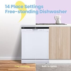 COMFEE' Freestanding Dishwasher FD1435E-W with 14 place settings, Full Size, 44dB, Wide LED Display, Delay Start, Half Load Function, Flexible Racks, White (KWH-FD1435E-W)