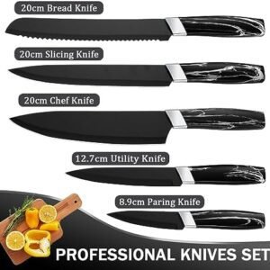 BEWOS Kitchen Knife Set, 5PCS Professional Kitchen Knives with Chef Knife, Bread Knife, Slicing Knife, Utility Knife & Paring Knives, Stainless Steel Sharp Knife Set for Kitchen, Dishwasher Safe