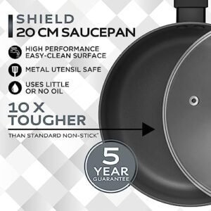Russell Hobbs RH02841EU7 Shield 20 cm Saucepan – Non-Stick Coating 10x Tougher*, Induction Suitable Cooking Pot, Tempered Glass Lid, Pressed Aluminium Casserole, Easy to Clean, Soft-Touch Handle