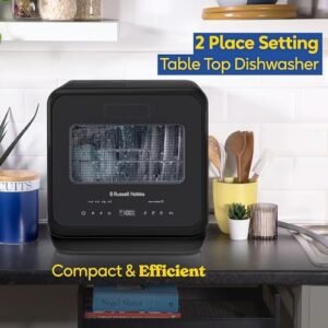 Russell Hobbs Mini Dishwasher Compact Table Top Black 2 Place Setting Dishwasher, LED Touch Control, 4 Programmes, Portable & Efficient, Baby Care, Fruit Wash & Eco Mode, No Plumbing, RH2TTDW101B [Energy Class G]
