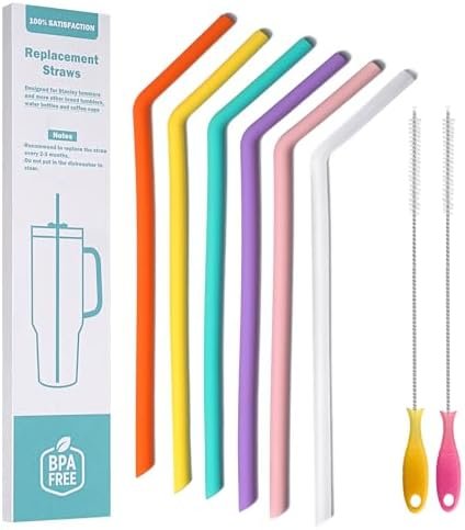 WK ieason Replacement Silicone Straws Reusable Bendy Drinking Starws Compatible with Stanley 20-40oz Tumblers and Other Brands with 2 Colorful Brushes, Color Non Toxic Straws for Toddler and Kids