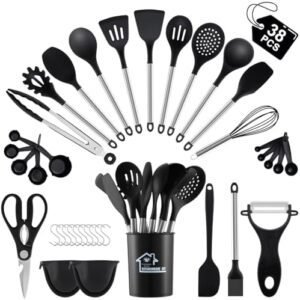 38 Pieces Kitchen Utensils Set, BEWOS Silicone Cooking Utensils Set with Spatula, Utensil Holder and Measuring Spoons, Nonstick Heat Resistant, Black Kitchen Gadgets, Stainless Steel Handle