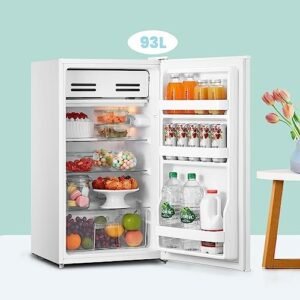COMFEE' RCD93WH2(E) Under Counter Fridge, 93L Small Fridge with Cooler Box, Interior Light, Removable Glass Shelf, Reversible Door Hinge, Adjustable Legs, Standard Refrigerator White [Energy Class E]
