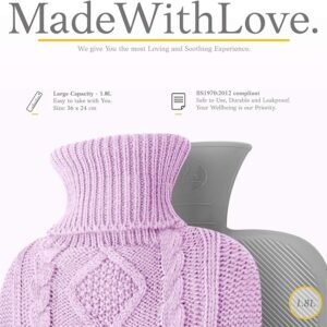 Hot Water Bottle with Cover - Premium Soft Knitted Cover - 1.8l Large Capacity - Hot Water Bag for Pain Relief, Neck and Shoulders, Back & Cosy Nights - Great Gift for Women (Purple)