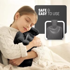KEPLIN Cosy Hot Water Bottle with Plush Cover & Bobble - Relieves Body Aches & Pains, Washable Safe & Durable Heating Pad - Ideal Cosy Nights & Gifts - Large 2L (Black)