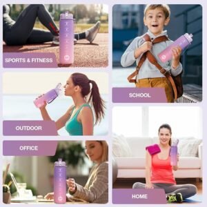 HOMEEX 1L (32oz) Motivational Water Bottle, BPA-free Sports Water Bottle with Time Marker - Quotes - One-Click Technology Ideal for Jogging, Hiking, Office, School, Adults, Children (Purple & Pink)